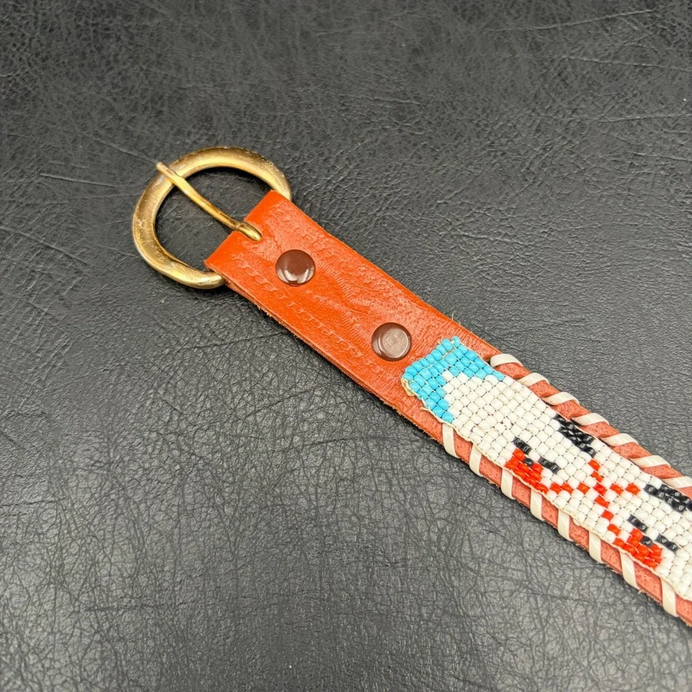 Unionbay Vintage Beaded Leather Belt Southwestern White Tan Gold Buckle 33in